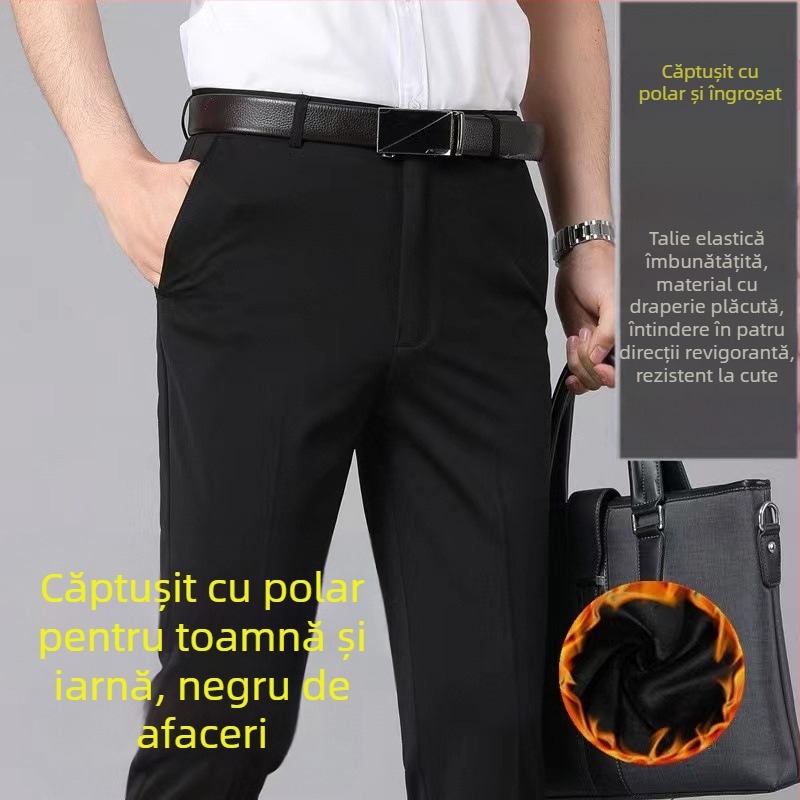 Pantaloni de afaceri cu căptușeală din fleece pentru toamnă și iarnă, pantaloni casual pentru bărbați, de vârstă mijlocie și vârstnici, lejeri, drepți, de primăvară și de toamnă, pantaloni lungi elastici pentru bărbați