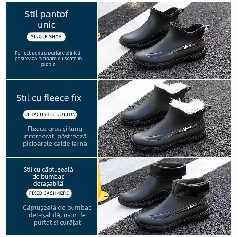 Pantofi scurți impermeabili cu căptușeală din fleece, pantofi de cauciuc pentru pescuit în aer liber, cizme de ploaie pentru șantier de bucătărie, cizme de ploaie antiderapante pentru adulți, cizme de ploaie pentru bărbați de iarnă