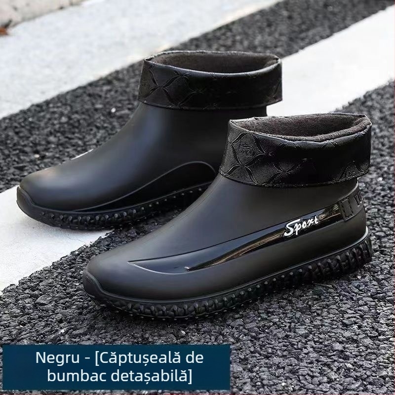 Pantofi scurți impermeabili cu căptușeală din fleece, pantofi de cauciuc pentru pescuit în aer liber, cizme de ploaie pentru șantier de bucătărie, cizme de ploaie antiderapante pentru adulți, cizme de ploaie pentru bărbați de iarnă