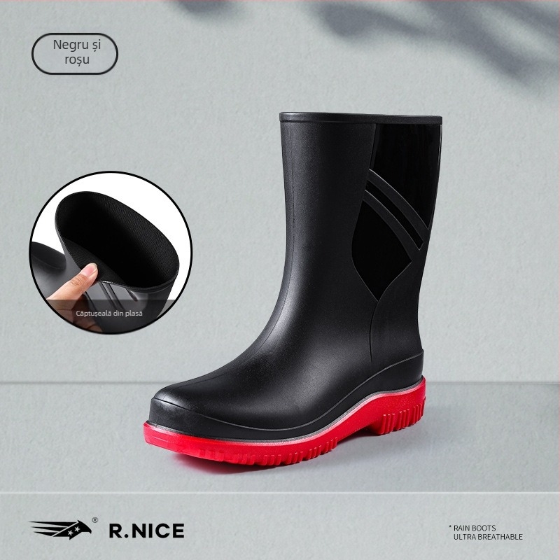 Cizme de ploaie noi din cauciuc, pantofi anti-alunecare la mijlocul cilindrului, pantofi de apă la modă pentru exterior, spălătorie auto, bucătărie, bucătar, lucru, impermeabile, cizme de ploaie pentru bărbați