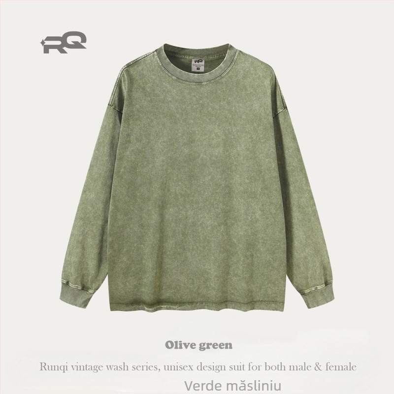 Tricou bărbătesc cu mânecă lungă, 280 g, bumbac pur, spălat, stil vintage pentru bărbați și femei, marcă la modă, croială lejeră pentru adolescenți, bumbac pur, exclusiv pentru vânzări transfrontaliere
