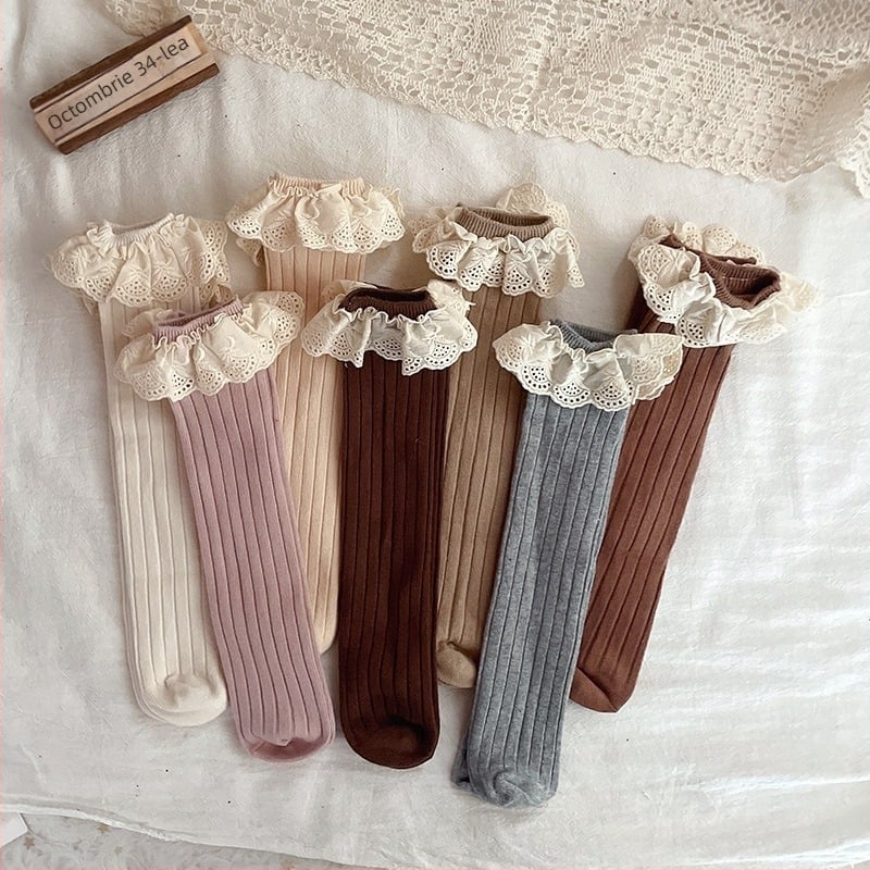 Șosete din dantelă pentru copii, fără toc, peste genunchi, șosete medii pentru bebeluși, șosete pentru copii, toamnă și iarnă