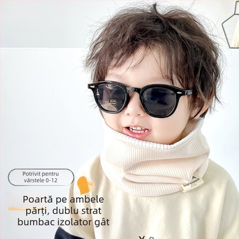 Eșarfă tricotată cu etichetă de pânză de toamnă și de iarnă, culoare solidă, cu guler cald, pentru băieți și fete, eșarfă simplă pentru copii, strat dublu, culoare contrastantă