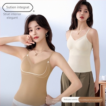 Culoare solidă, reglabil, spate frumos, mătase de gheață, fără urme, camisol cu cupă fixă, subțire, respirabil, all-match, top de bază pentru fete