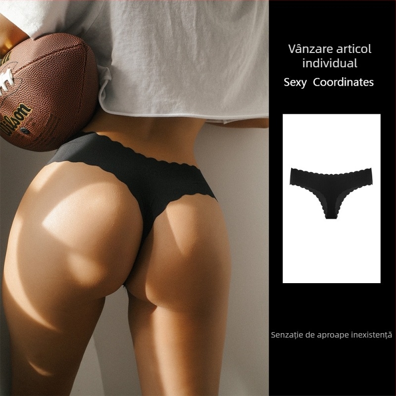 Tume Dimensiune Europeană Engleză Mark Ribbed Ice Silk Fără Cusături Margine Ondulată Thong Femei Dimensiune Mare Talie Joasă Piersică Butt Sexy
