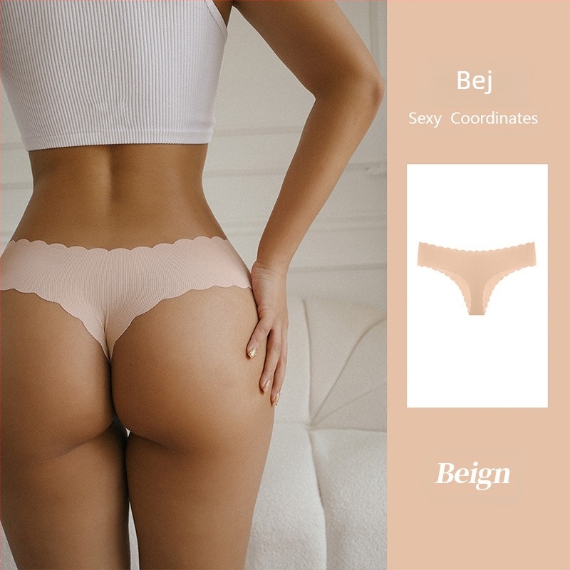 Tume Dimensiune Europeană Engleză Mark Ribbed Ice Silk Fără Cusături Margine Ondulată Thong Femei Dimensiune Mare Talie Joasă Piersică Butt Sexy