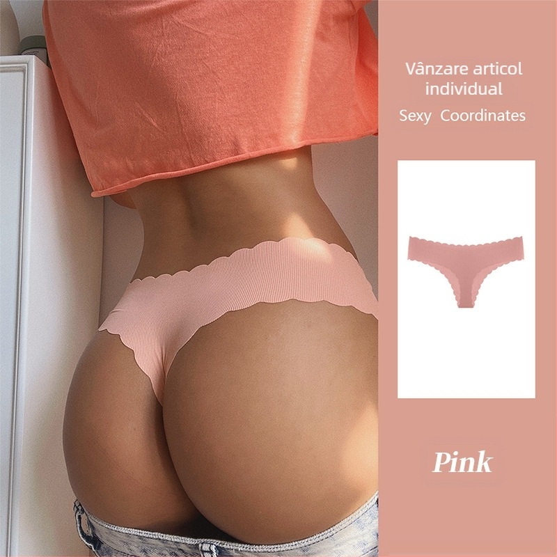 Tume Dimensiune Europeană Engleză Mark Ribbed Ice Silk Fără Cusături Margine Ondulată Thong Femei Dimensiune Mare Talie Joasă Piersică Butt Sexy