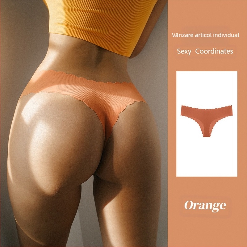 Tume Dimensiune Europeană Engleză Mark Ribbed Ice Silk Fără Cusături Margine Ondulată Thong Femei Dimensiune Mare Talie Joasă Piersică Butt Sexy