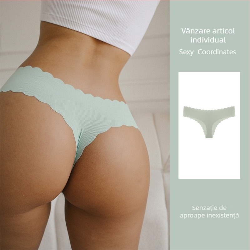 Tume Dimensiune Europeană Engleză Mark Ribbed Ice Silk Fără Cusături Margine Ondulată Thong Femei Dimensiune Mare Talie Joasă Piersică Butt Sexy