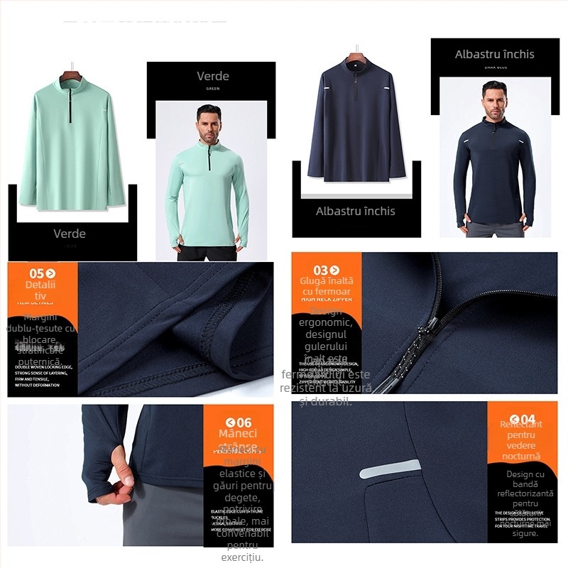 Tricou sport cu mânecă lungă pentru bărbați, cu fermoar pe jumătate, pentru alergare, în aer liber, pentru fitness, respirabil, elastic, cu guler înalt, cu uscare rapidă