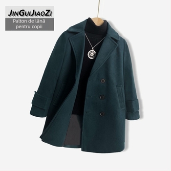 Palton de lână pentru băieți, din bumbac și îngroșare, palton de lână de toamnă și de iarnă, palton cald de lână cu rever în stil coreean pentru copii