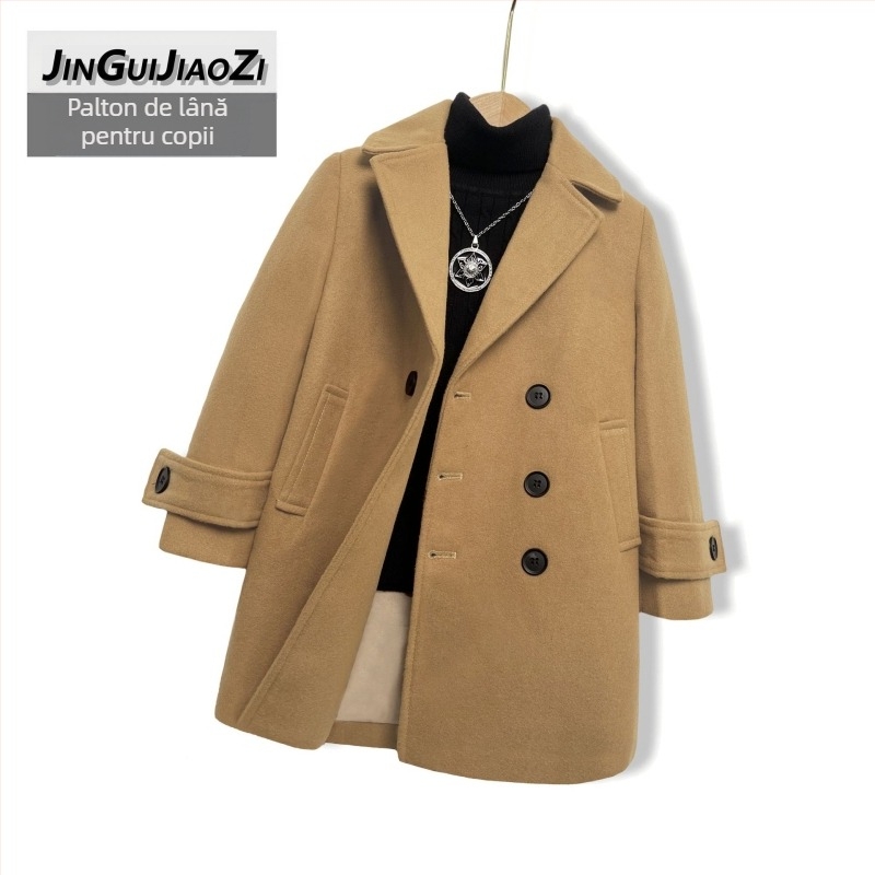 Palton de lână pentru băieți, din bumbac și îngroșare, palton de lână de toamnă și de iarnă, palton cald de lână cu rever în stil coreean pentru copii