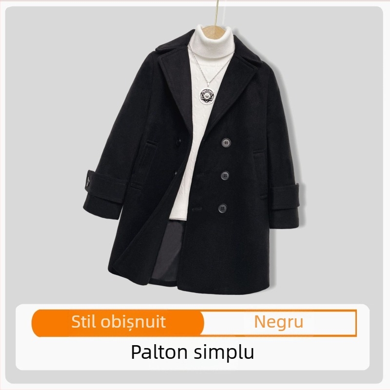 Palton de lână pentru băieți, din bumbac și îngroșare, palton de lână de toamnă și de iarnă, palton cald de lână cu rever în stil coreean pentru copii