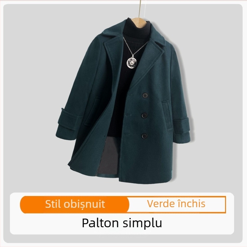 Palton de lână pentru băieți, din bumbac și îngroșare, palton de lână de toamnă și de iarnă, palton cald de lână cu rever în stil coreean pentru copii