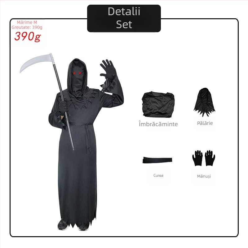 Costum de Halloween pentru copii, costum de groază misterios, cu ochi roșii, seceră, pentru copii