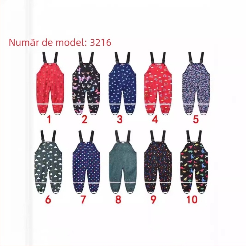 Pantaloni de ploaie imprimați multicolor pentru copii, de dimensiuni mici și mijlocii, pentru băieți și fete, cu bretele, en-gros