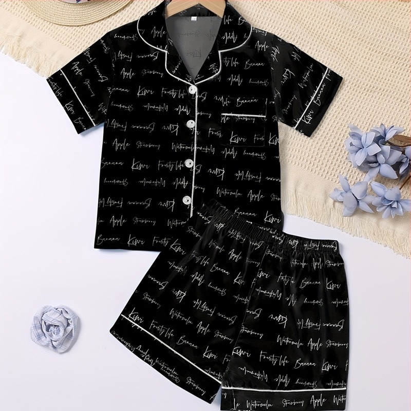 Pijamale pentru copii transfrontaliere, vară, culoare solidă, Sade, set, pantaloni scurți cu mânecă scurtă, fete, casual, confortabile, din imitație de mătase, haine de casă