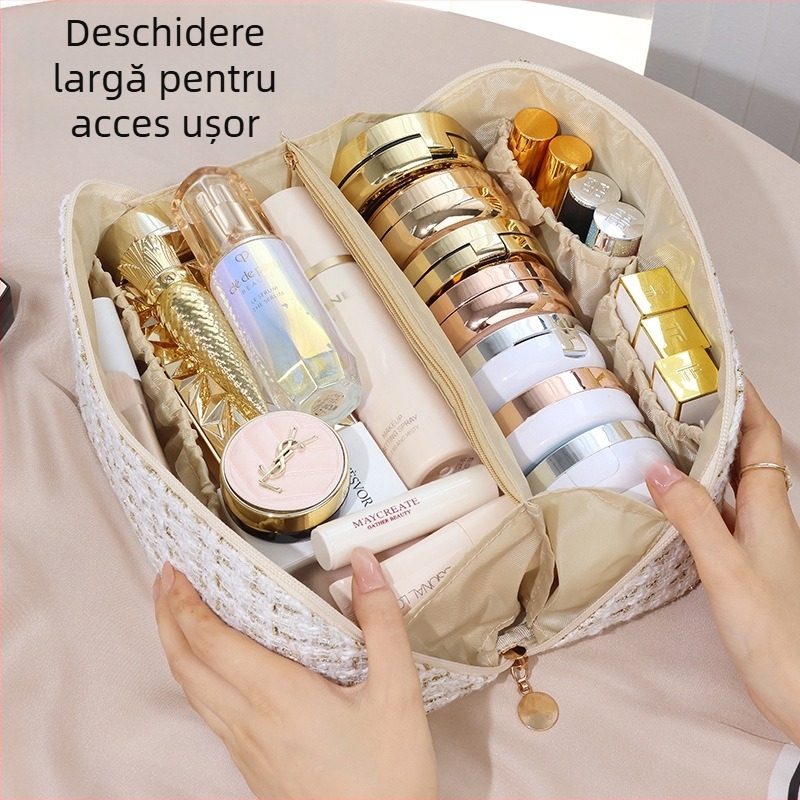 Geantă de pernă portabilă pentru cosmetice, geantă de pernă în carouri de mătase aurie, geantă de toaletă pentru călătorie, geantă de depozitare de mare capacitate, ruj