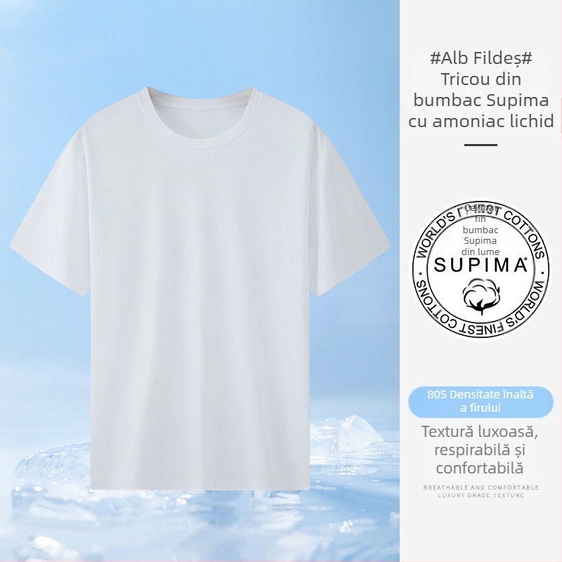 Tricou bărbătesc din bumbac pentru vară, alb, mânecă scurtă, guler rotund, croială Slim-fit, potrivit pentru uz zilnic.