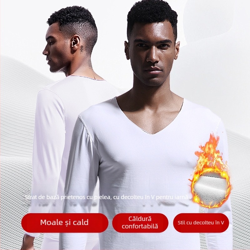 Lenjerie termică fără sudură pentru bărbați, top cu guler în V, iarnă, slim-fit, căptușit cu fleece, cămașă subțire strâmtă, haine de toamnă, pulover din bumbac