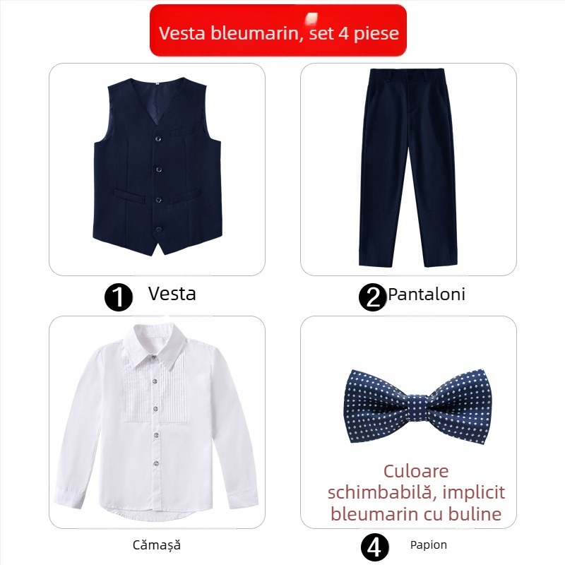 Set de costum formal pentru copii pentru reprezentații la pian, stil britanic, sacou și pantaloni