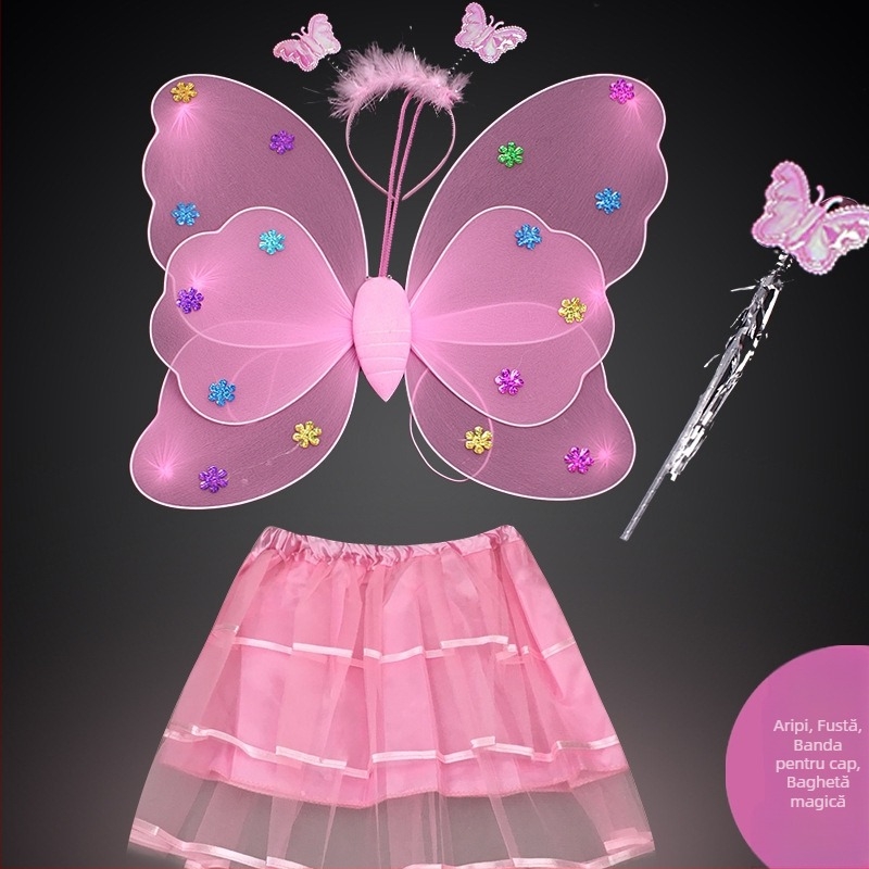 Îmbrăcăminte de performanță pentru copii, grădiniță, rochie de performanță prințesă, costum din patru piese, aripi de înger fluture