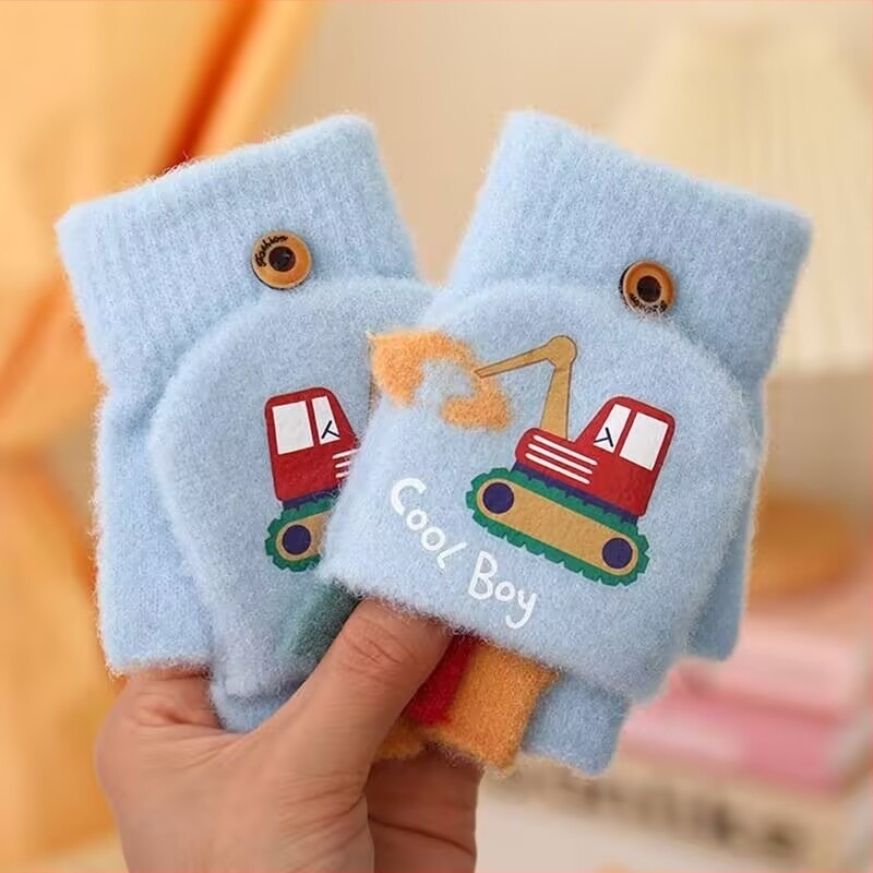 Mănuși pentru copii, excavator, băieți, toamna și iarna, desene animate drăguțe, cu jumătate de deget, flip, tricotate, lână, rezistente la frig, calde
