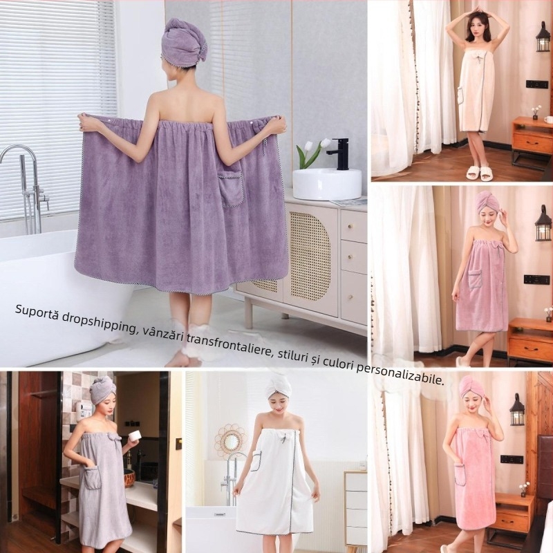 Costum de baie de înaltă densitate, set din două piese, înfășurat în piept, din fleece coral, fustă de baie, cască de baie, absorbant de apă și ușor de uscat, prosop de baie pentru adulți, cască de uscare a părului