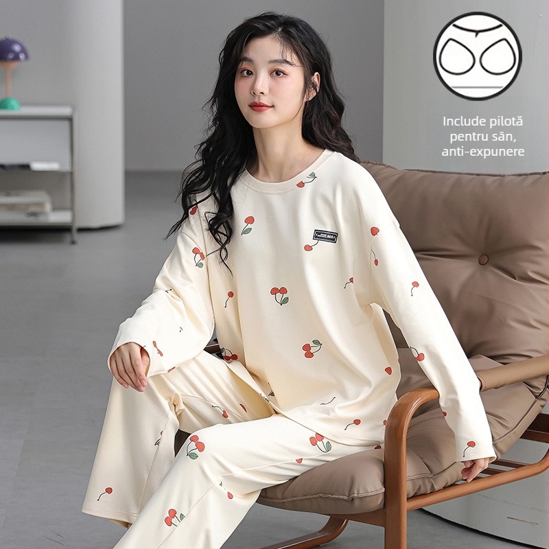 Pijamale cu mânecă lungă de toamnă și de iarnă pentru femei, purtare exterioară cu bandă de susținere, piept, o singură bucată, două piese, drăguț, plus mărime, lejer, haine de casă
