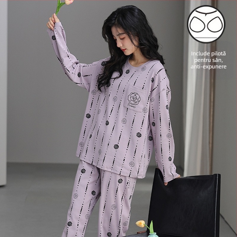 Pijamale cu mânecă lungă de toamnă și de iarnă pentru femei, purtare exterioară cu bandă de susținere, piept, o singură bucată, două piese, drăguț, plus mărime, lejer, haine de casă