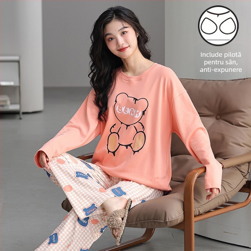 Pijamale cu mânecă lungă de toamnă și de iarnă pentru femei, purtare exterioară cu bandă de susținere, piept, o singură bucată, două piese, drăguț, plus mărime, lejer, haine de casă