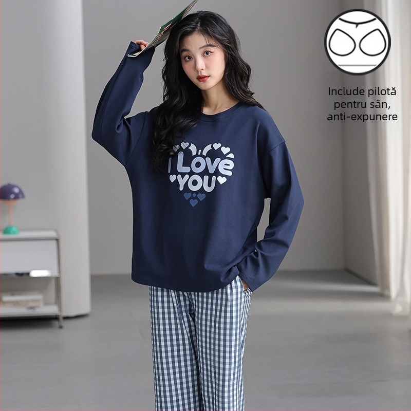 Pijamale cu mânecă lungă de toamnă și de iarnă pentru femei, purtare exterioară cu bandă de susținere, piept, o singură bucată, două piese, drăguț, plus mărime, lejer, haine de casă
