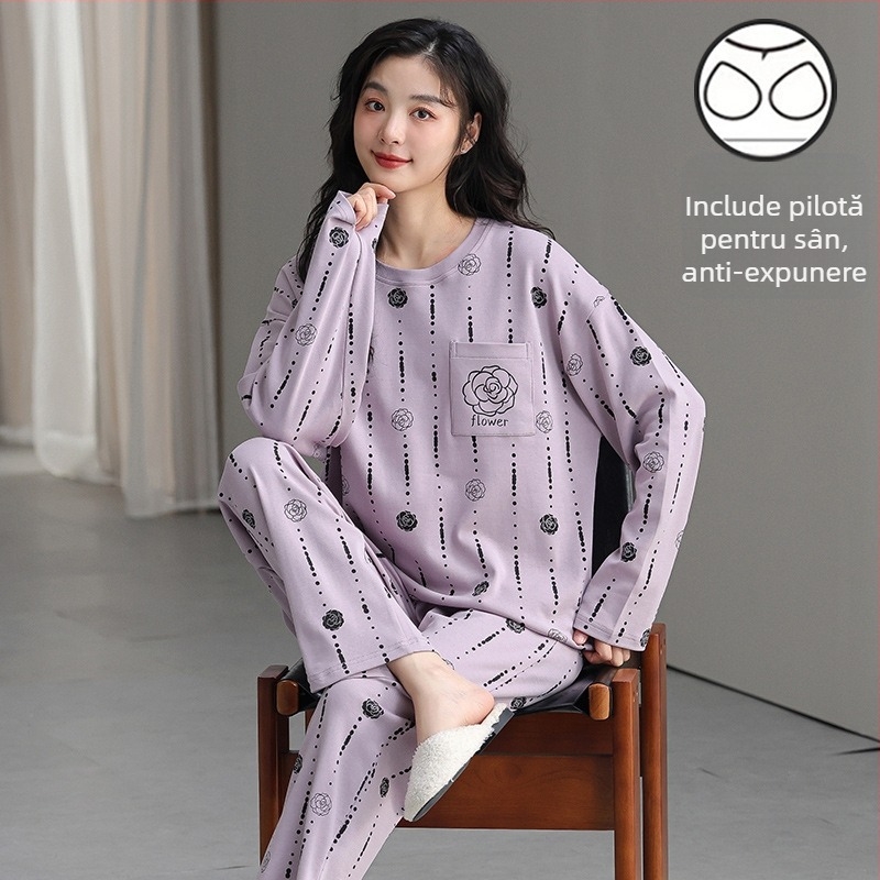Pijamale cu mânecă lungă de toamnă și de iarnă pentru femei, purtare exterioară cu bandă de susținere, piept, o singură bucată, două piese, drăguț, plus mărime, lejer, haine de casă