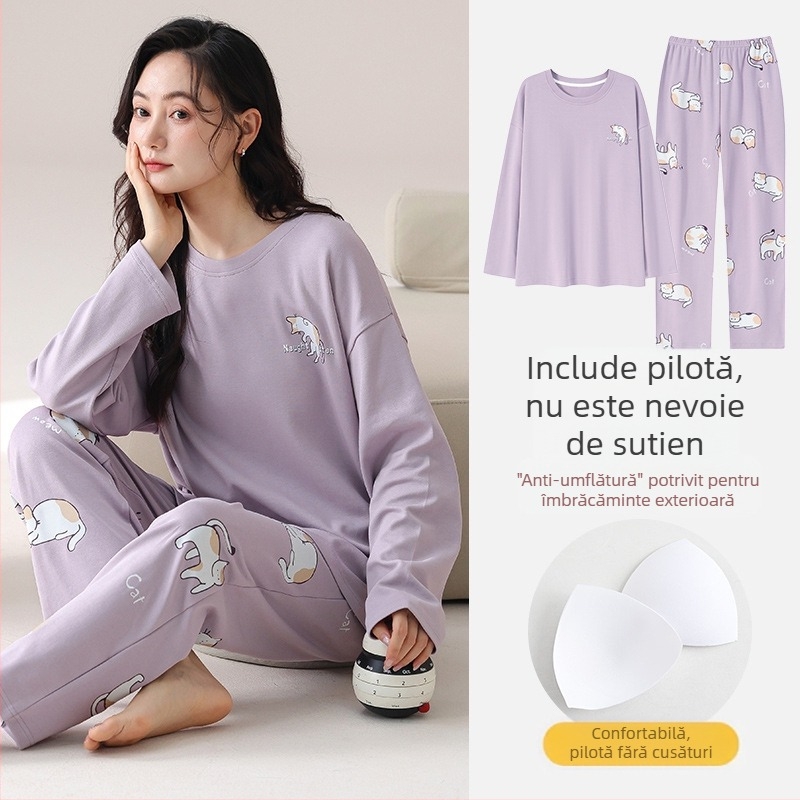 Pijamale cu mânecă lungă de toamnă și de iarnă pentru femei, purtare exterioară cu bandă de susținere, piept, o singură bucată, două piese, drăguț, plus mărime, lejer, haine de casă