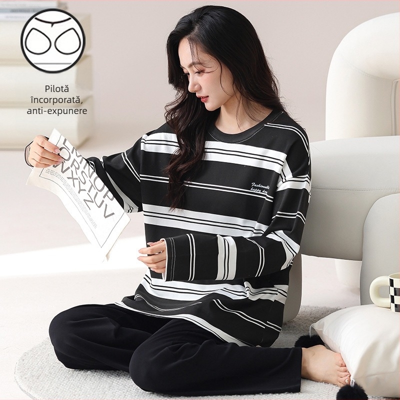 Pijamale cu mânecă lungă de toamnă și de iarnă pentru femei, purtare exterioară cu bandă de susținere, piept, o singură bucată, două piese, drăguț, plus mărime, lejer, haine de casă