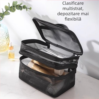 Geantă cosmetică cu dublu strat din plasă de nailon pentru femei, geantă de depozitare portabilă pentru călătorii, capacitate mare, cu logo-ul imprimat în gros
