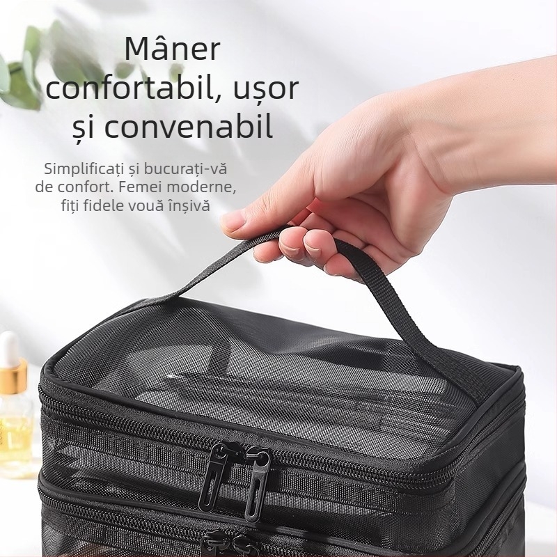 Geantă cosmetică cu dublu strat din plasă de nailon pentru femei, geantă de depozitare portabilă pentru călătorii, capacitate mare, cu logo-ul imprimat în gros