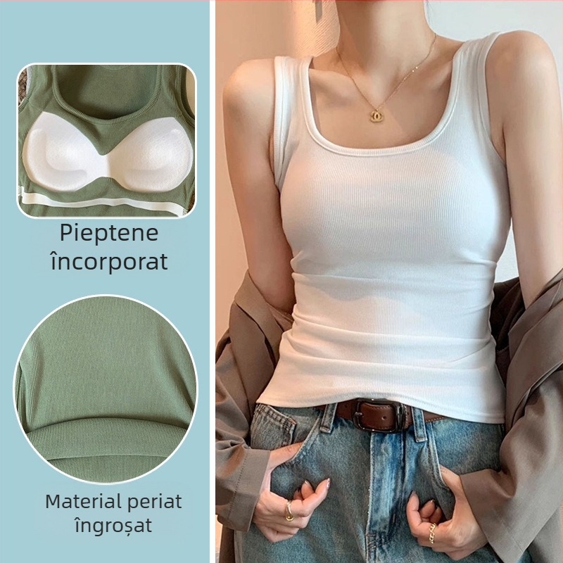 Top fără mâneci Slim Fit pentru femei, cu guler în U și umeri lați, cu pernă de piept