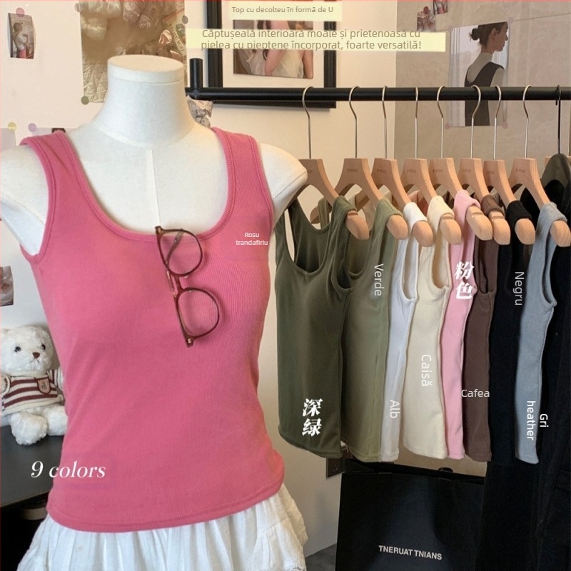 Top fără mâneci Slim Fit pentru femei, cu guler în U și umeri lați, cu pernă de piept