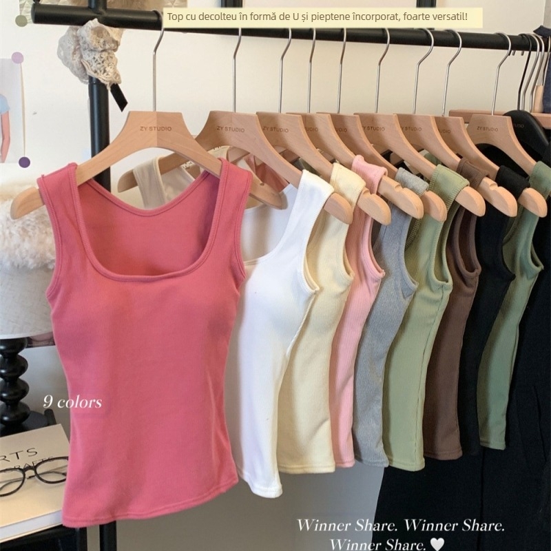 Top fără mâneci Slim Fit pentru femei, cu guler în U și umeri lați, cu pernă de piept