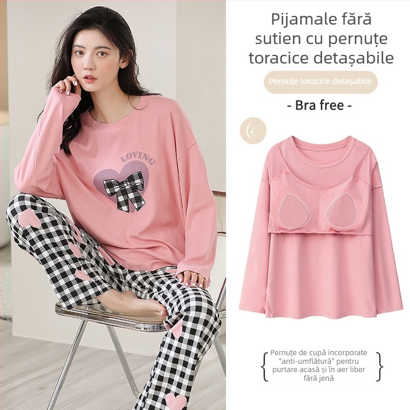 [Cu perniță pentru piept] pijamale pentru femei din bumbac cu mânecă lungă, pantaloni de toamnă și de iarnă, costum nou anti-umflături, costum dulce pentru casă, din două piese