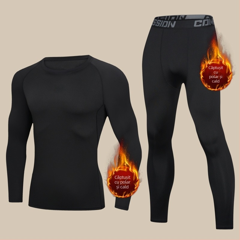 Costum de lenjerie termică de catifea pentru bărbați, de iarnă, căptușit cu fleece, îngroșat, rezistent la frig, sport, haine strâmte de toamnă, pantaloni lungi