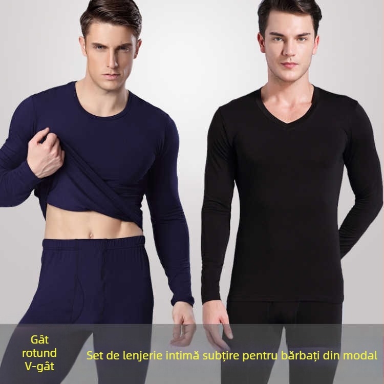 Set de lenjerie termică modală pentru bărbați, haine și pantaloni subțiri de toamnă, slim fit, culoare solidă, bază ultra-subțire pentru tineri