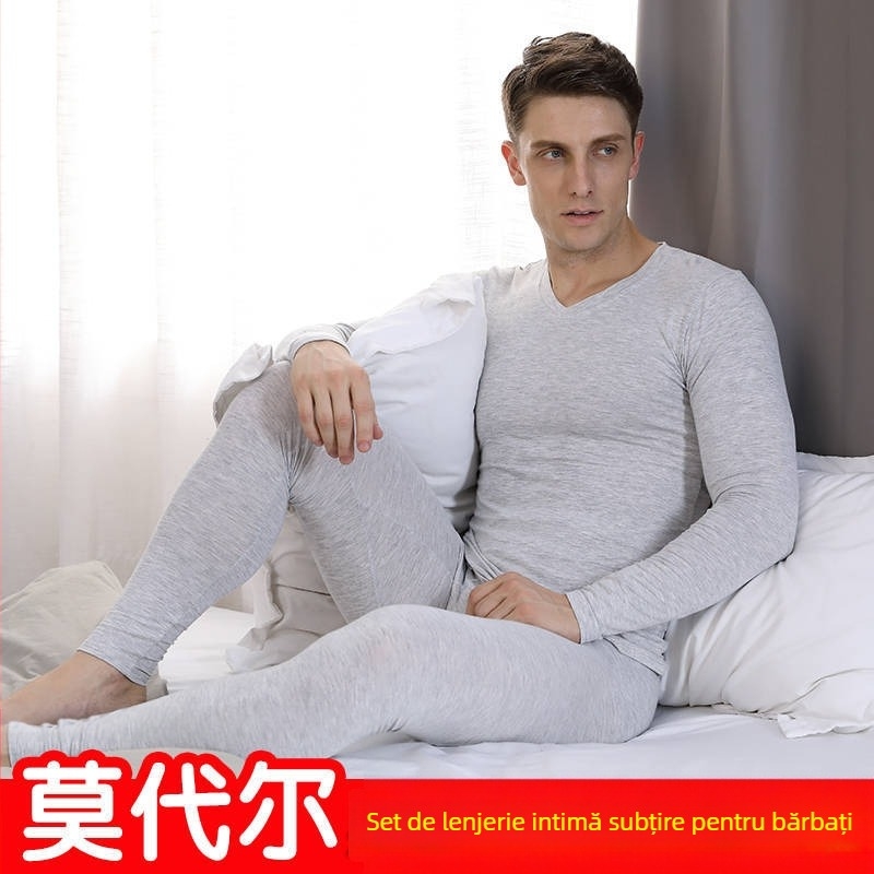 Set de lenjerie termică modală pentru bărbați, haine și pantaloni subțiri de toamnă, slim fit, culoare solidă, bază ultra-subțire pentru tineri