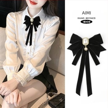 2024 Nou Black Tie pentru femei, guler cu fundă, floral, guler de cămașă, decorațiune cu panglică franceză, stil Academy, pin