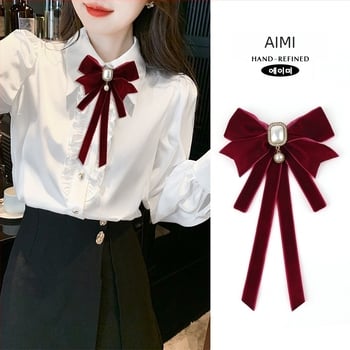 2024 Nou Black Tie pentru femei, guler cu fundă, floral, guler de cămașă, decorațiune cu panglică franceză, stil Academy, pin