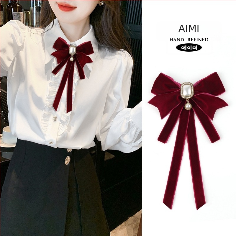 2024 Nou Black Tie pentru femei, guler cu fundă, floral, guler de cămașă, decorațiune cu panglică franceză, stil Academy, pin