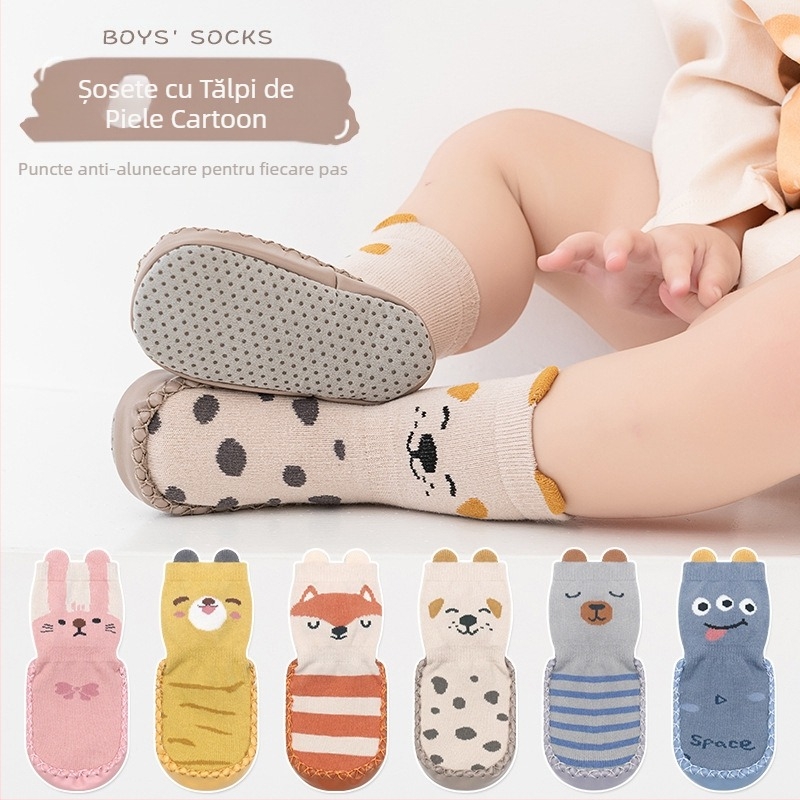 Pantofi sport pentru bebeluși, stil coreean, antiderapanți, șosete, pantofi, sugari și copii mici, șosete cu lipici pentru podea, șosete stereo cu talpă din piele cu desene animate