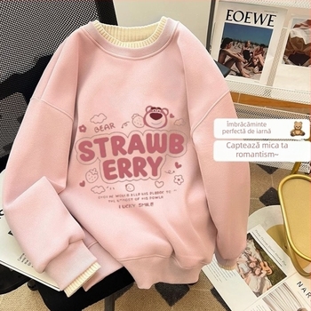 Pulover cu guler rotund și căptușit cu fleece pentru fete, toamna și iarna, pentru copii, stil western, lejer, cu guler din lână, cămașă de bază pentru fete de iarnă