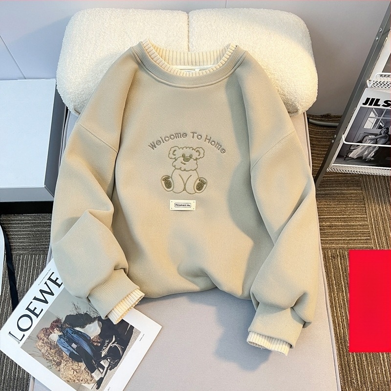 Pulover cu guler rotund și căptușit cu fleece pentru fete, toamna și iarna, pentru copii, stil western, lejer, cu guler din lână, cămașă de bază pentru fete de iarnă